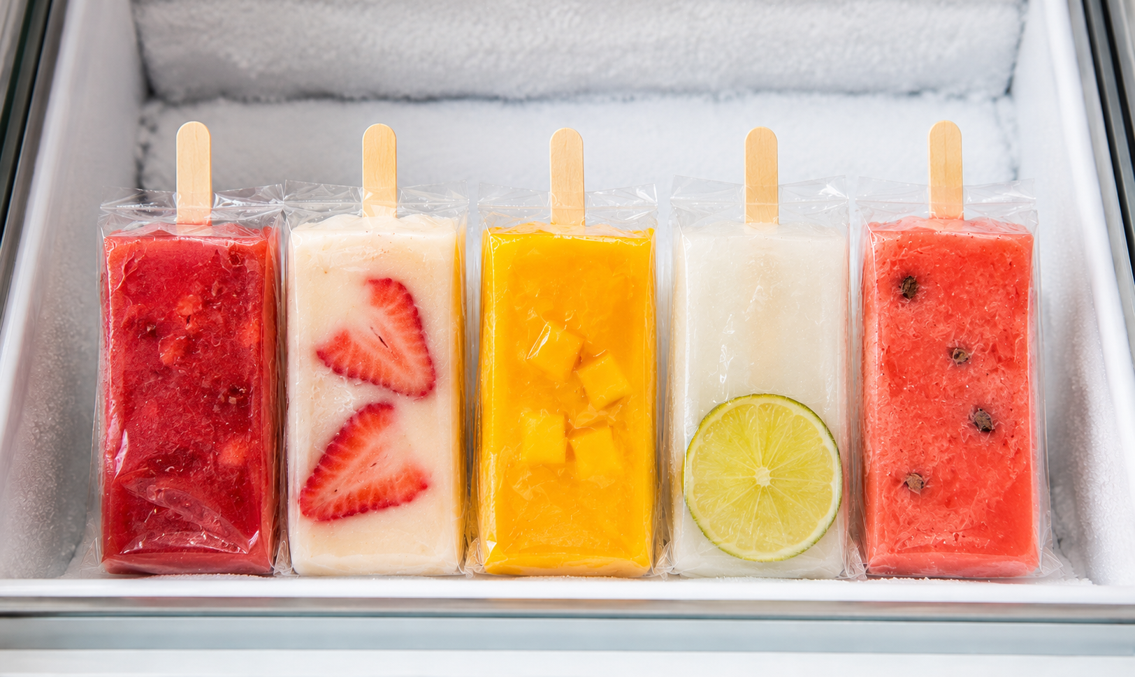 Fruit water-based paletas with strawberry, mango, lime, and watermelon