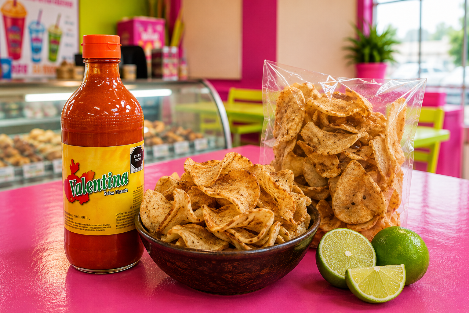 Bowl and bag of homemade potato chips with Valentina hot sauce and limes