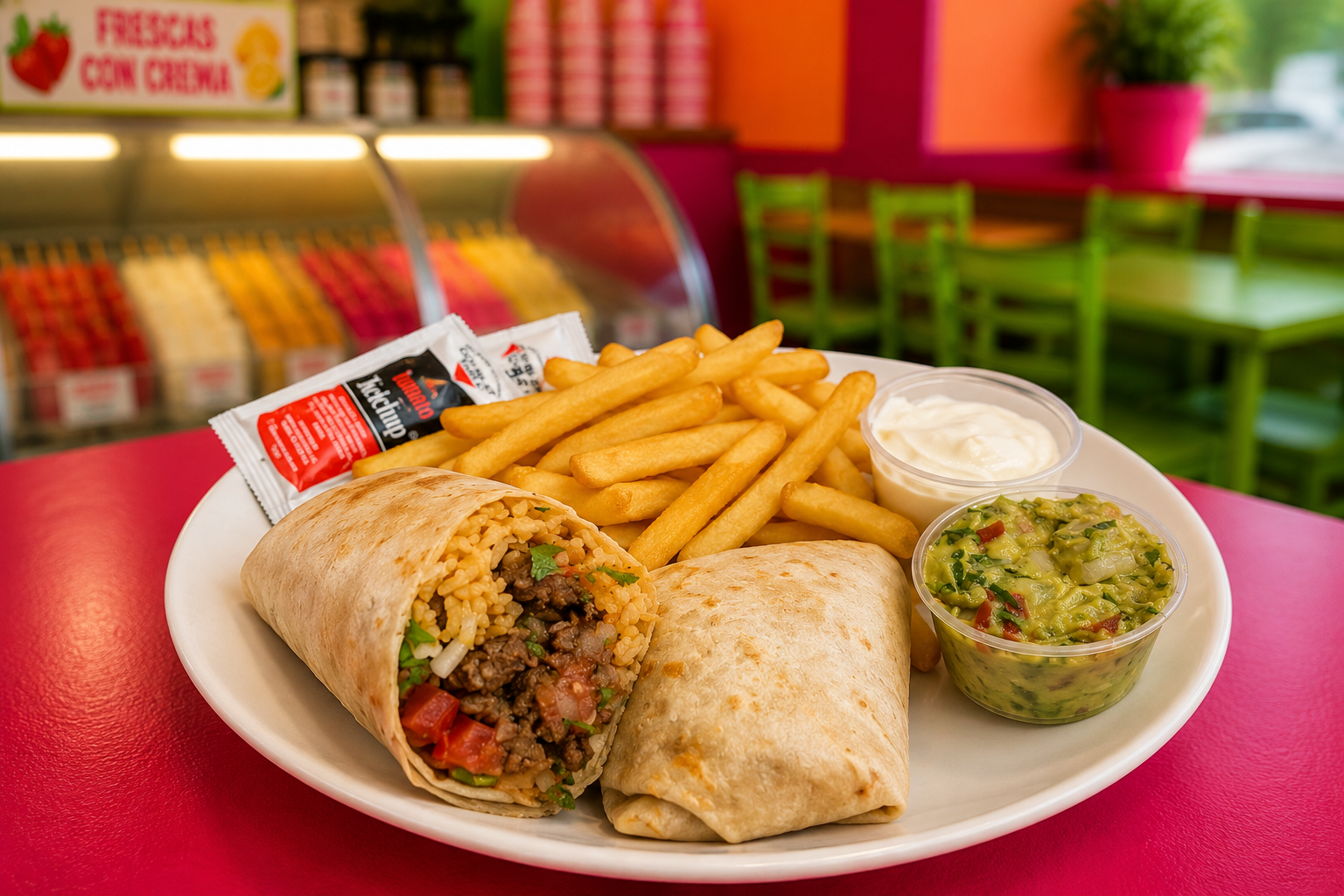 Beef burrito cut in half with rice, beans, pico de gallo and a side of fries and guacamole