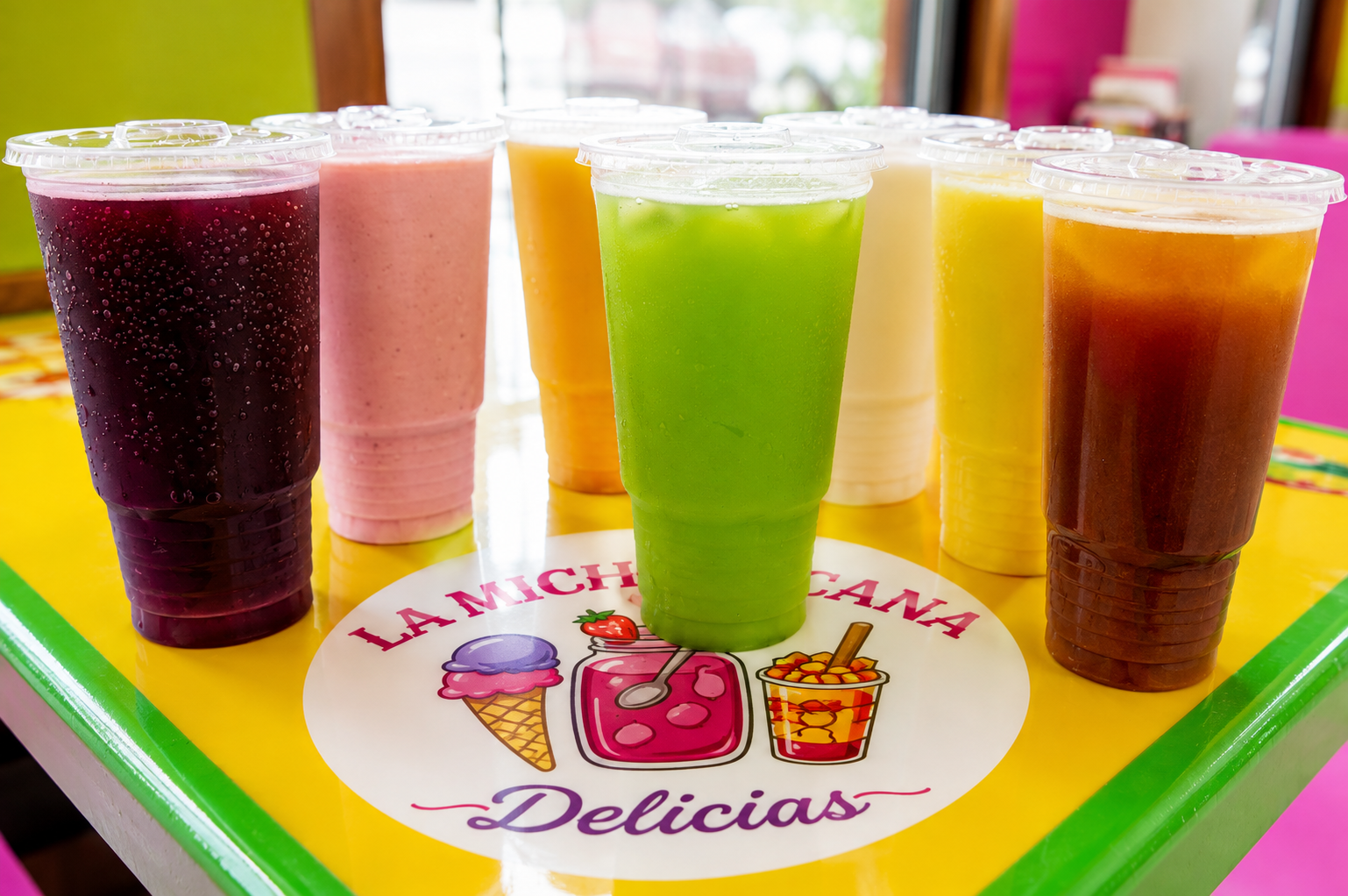 Cups of colorful house-made aguas frescas on a La Michoacana Delicias table