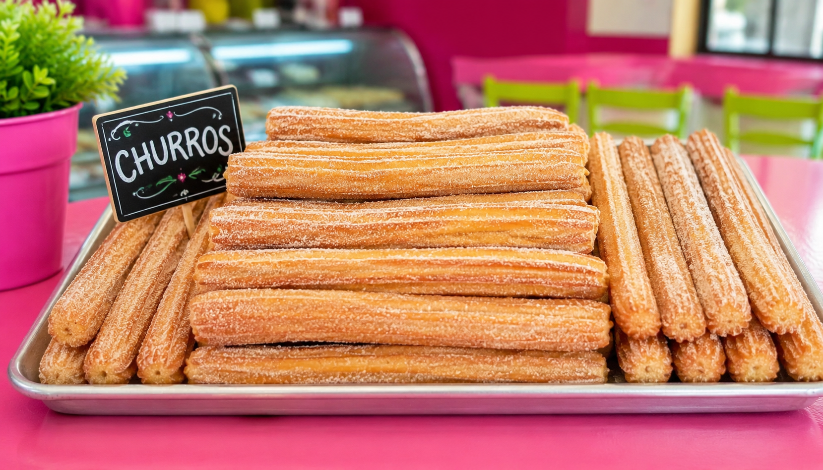 Tray of freshly fried churros dusted with cinnamon sugar