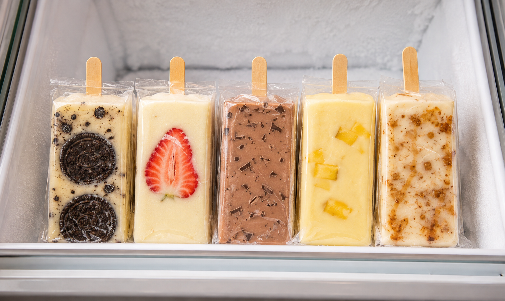Creamy milk-based paletas with Oreo, strawberry, chocolate, pineapple, and cinnamon flavors