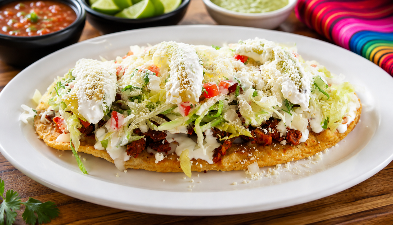 Huarache topped with chorizo, lettuce, pico de gallo, crema, and queso fresco