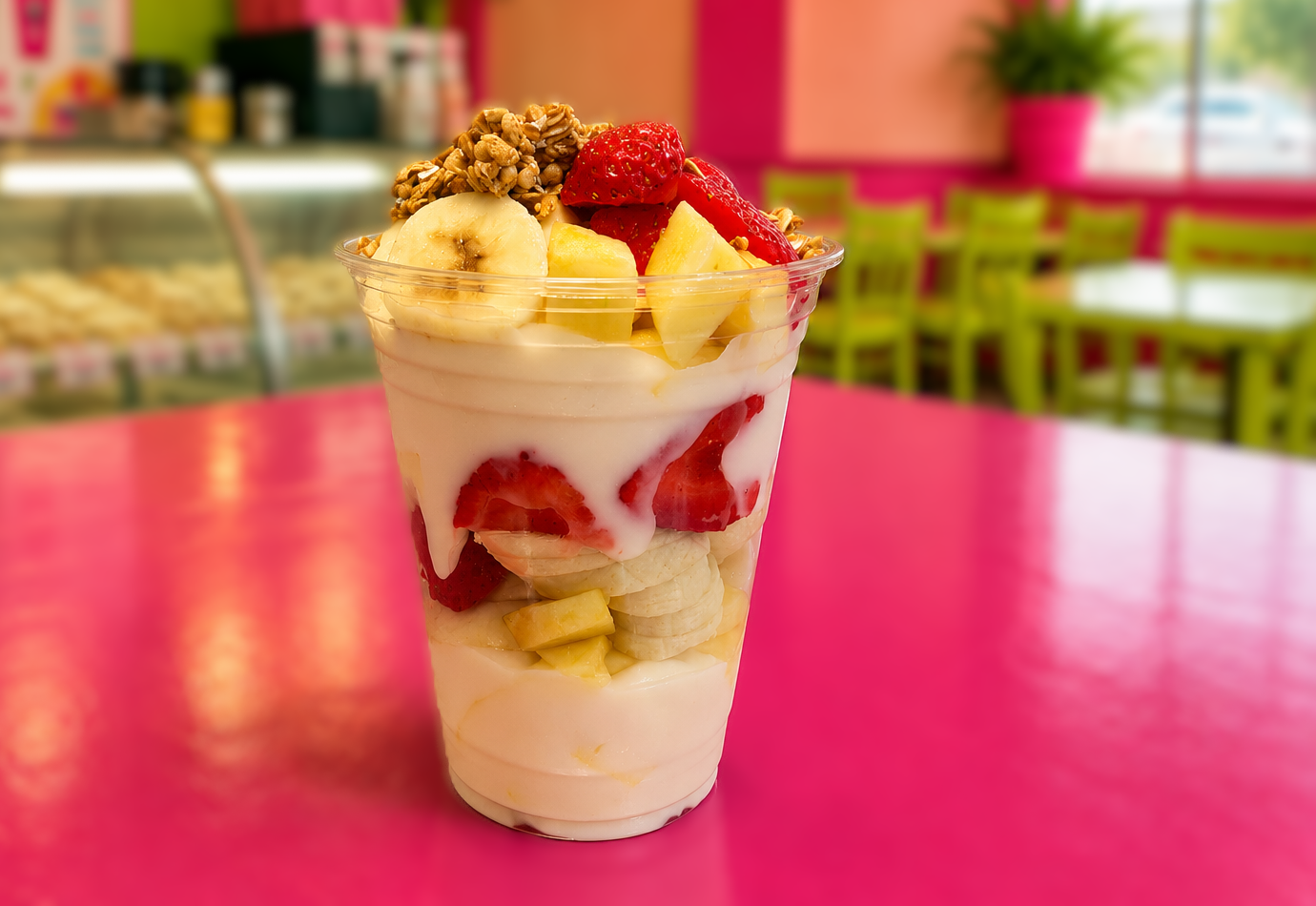 Cup of yogurt layered with strawberries, banana, pineapple and granola