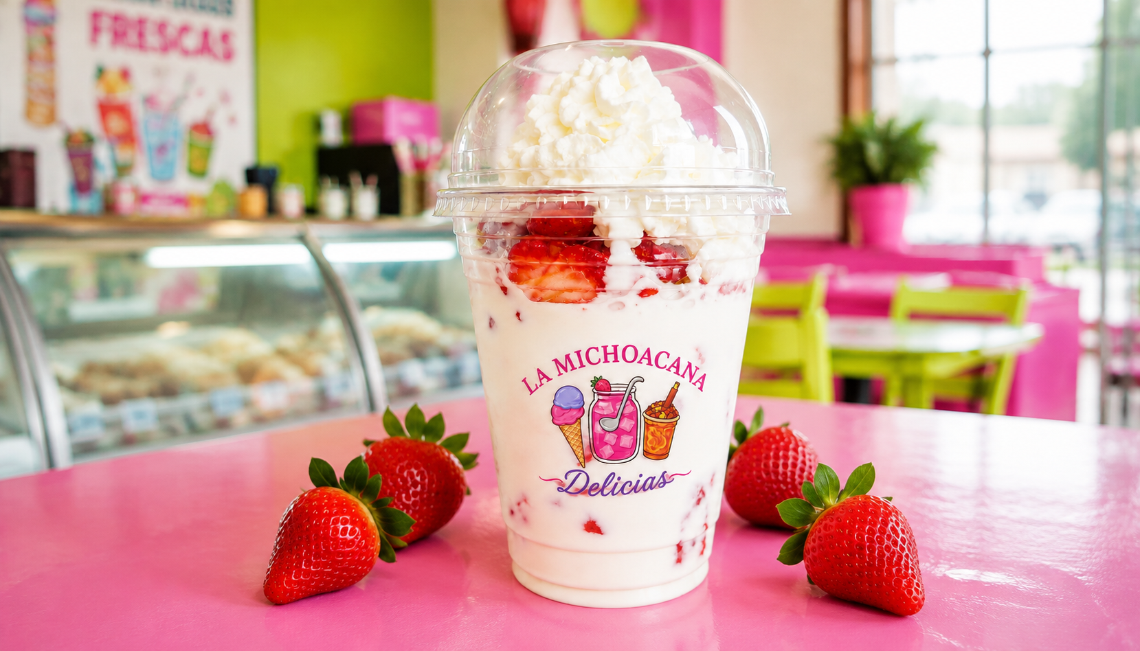 Creamy strawberries and cream topped with whipped cream in a La Michoacana cup
