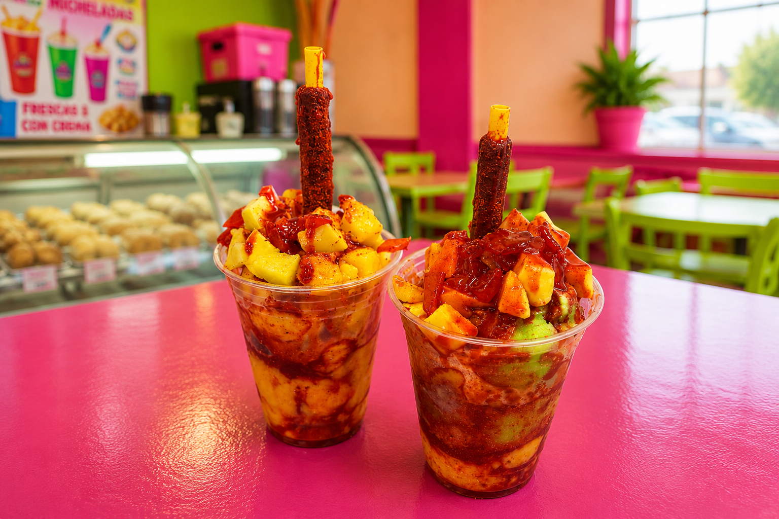 Colorful mangonadas in clear cups with mango chunks, chamoy, and Tajín