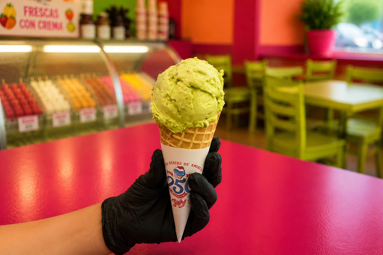 Single scoop of pistachio ice cream in a waffle cone