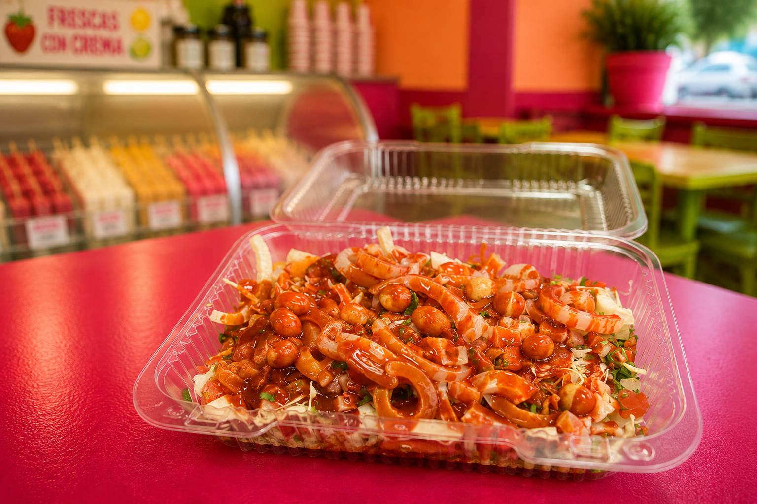 Tray of loaded Doritos piled with toppings, cabbage, chamoy and hot sauce