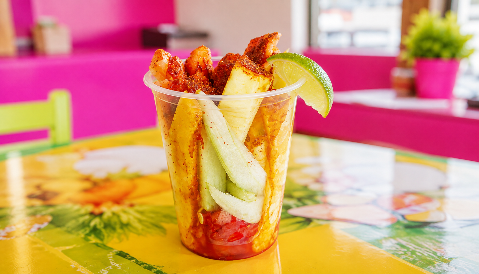 Fresh fruit cocktail cup layered with watermelon, pineapple, jicama, cucumber, lime, and chamoy