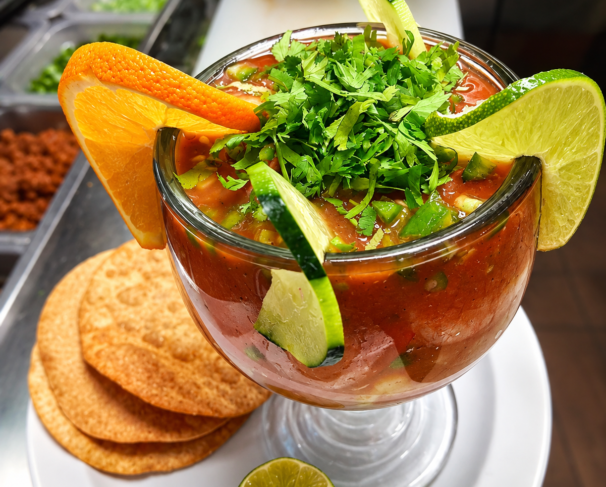 Shrimp cocktail in a glass with cilantro, lime, orange and tostadas