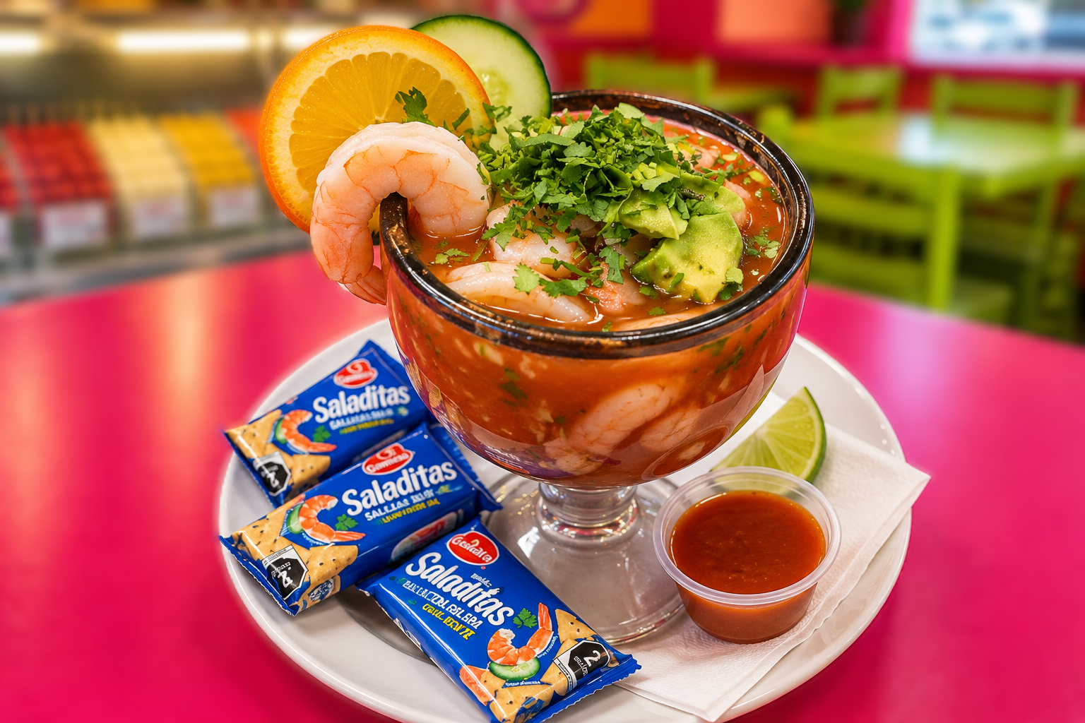 Shrimp cocktail in a large goblet with cilantro, avocado, orange slice, lime, salsa and Saladitas crackers
