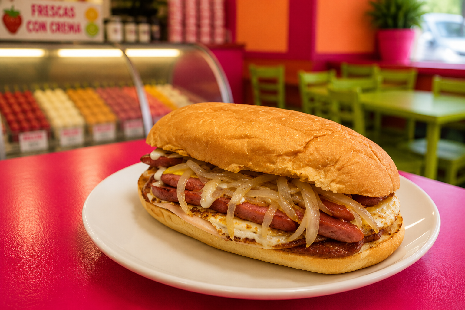 Cuban torta on a plate with ham, sausage, egg, cheese and grilled onions