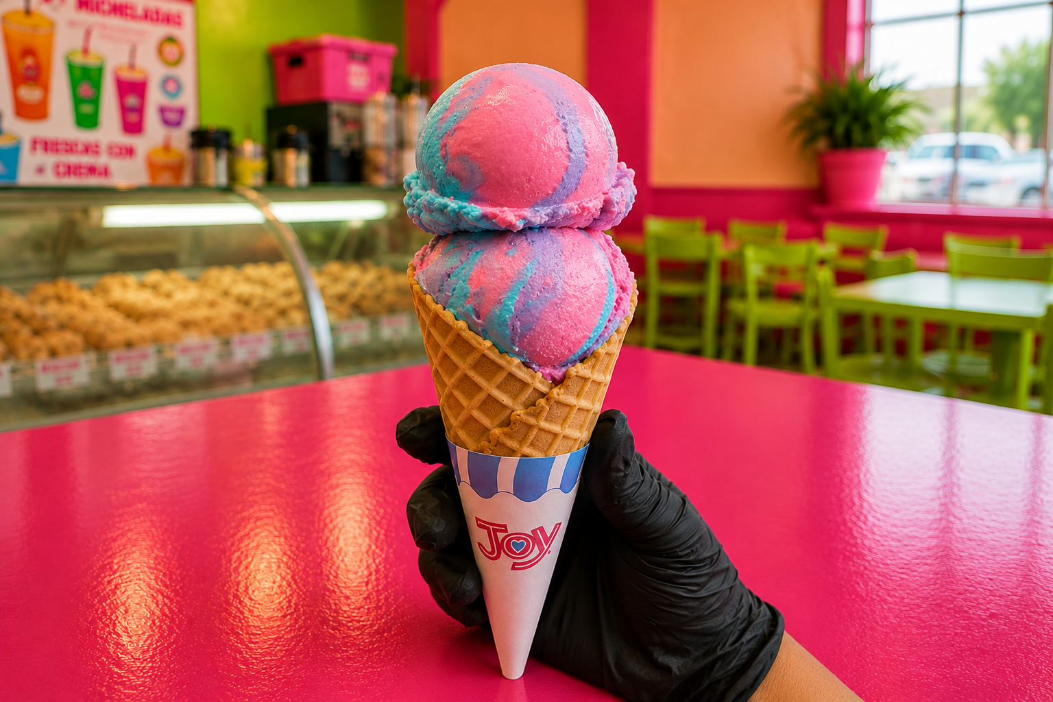Two scoops of pink and blue ice cream on a waffle cone