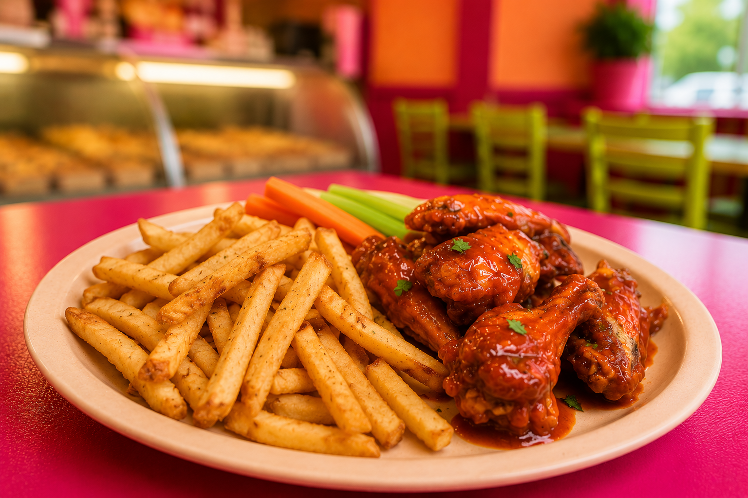 Crispy saucy chicken wings served with seasoned fries, carrots and celery