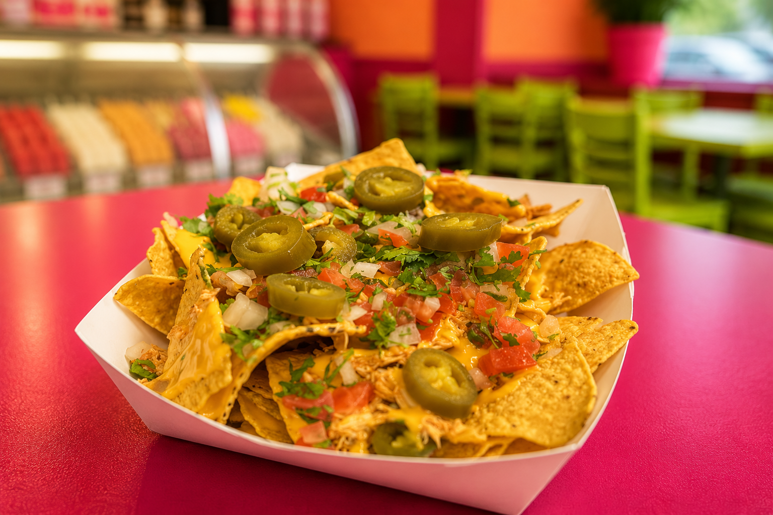 Tray of nachos with cheese, shredded meat, pico de gallo and jalapeños