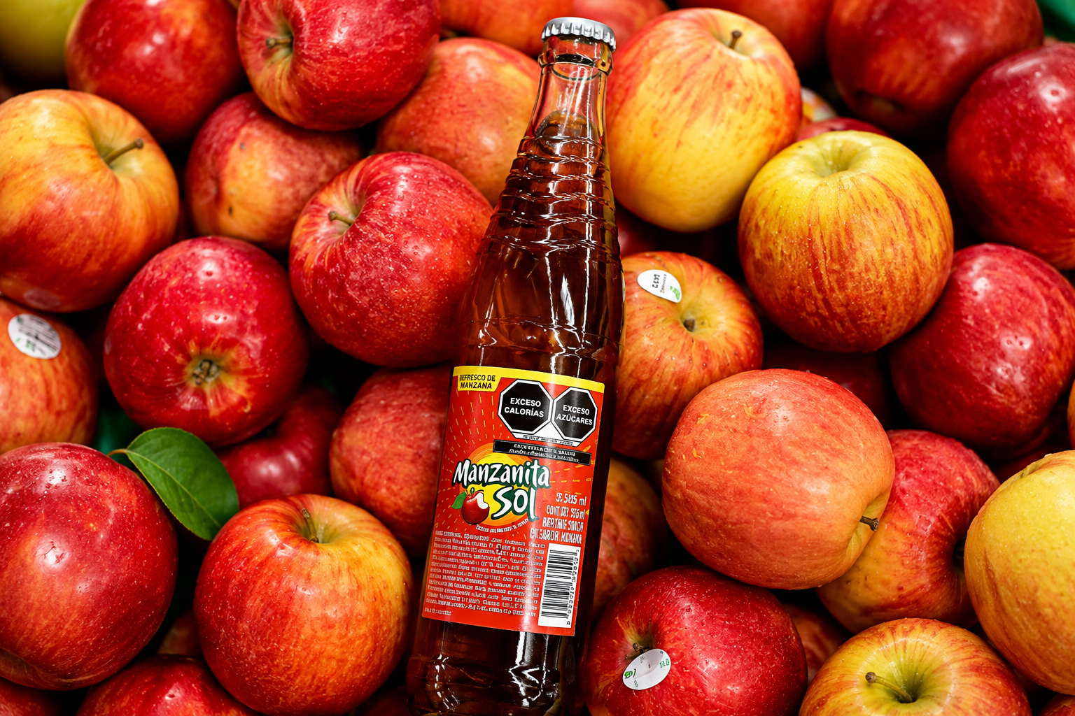 Bottles of Mexican soda in mandarin, lime, grapefruit, mango and strawberry flavors