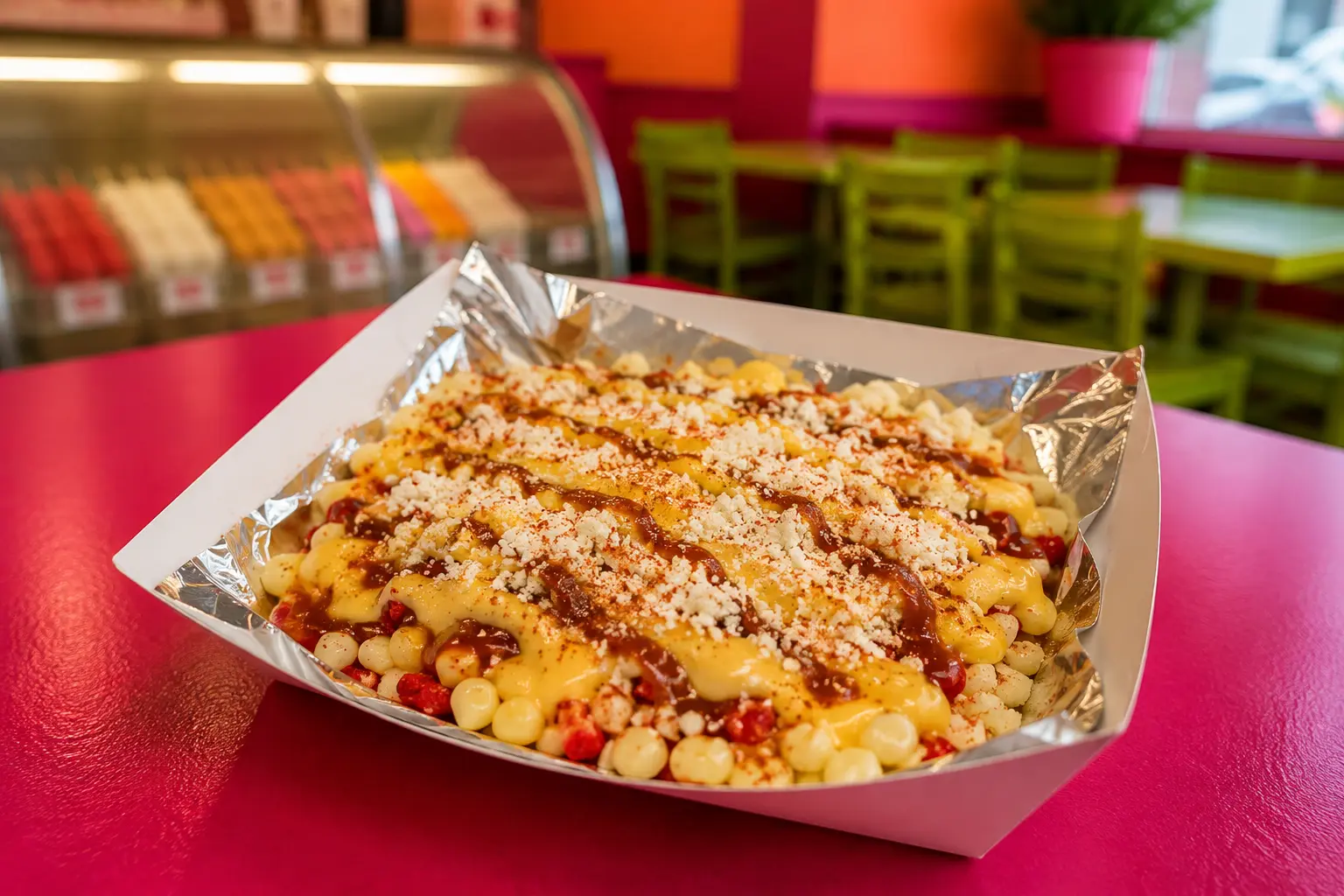 Tray of Doritos loaded with corn, cheese sauce, chamoy and queso fresco
