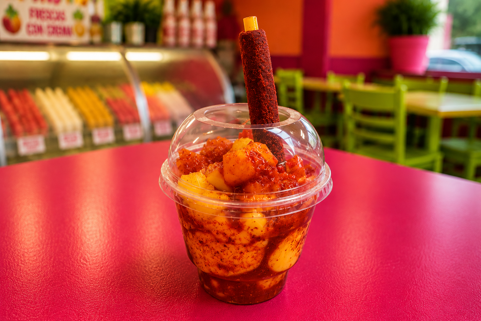 Mini mangonada cup with mango chunks, chamoy, Tajín and a tamarind straw