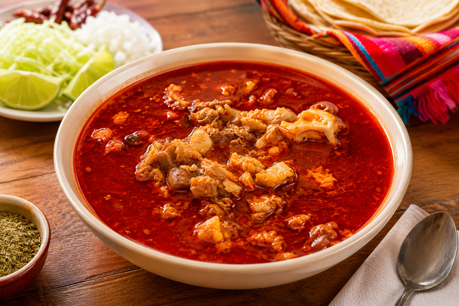 Bowl of red menudo soup with tortillas, lime and cabbage
