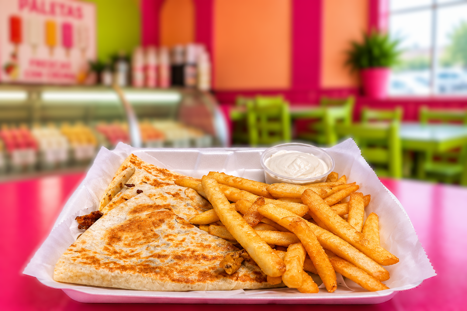 Large quesadilla with golden fries and a side of creamy sauce