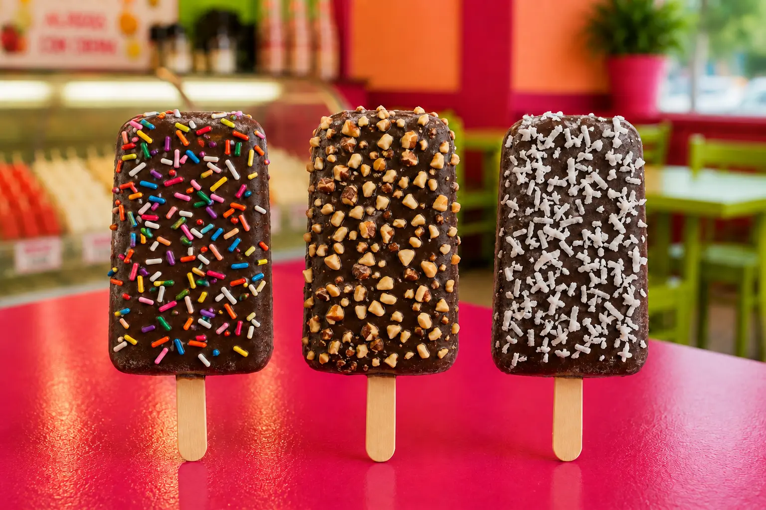 Three chocolate-covered ice cream bars topped with sprinkles, nuts and coconut
