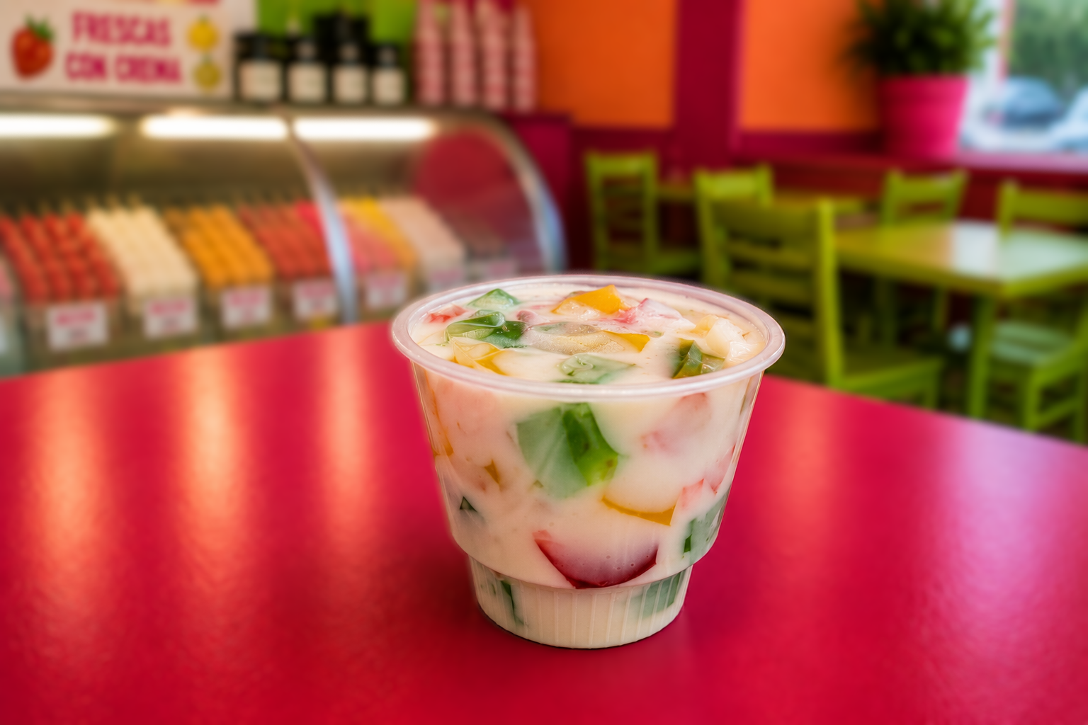 Cup of creamy gelatin with colorful fruit-flavored gelatin cubes