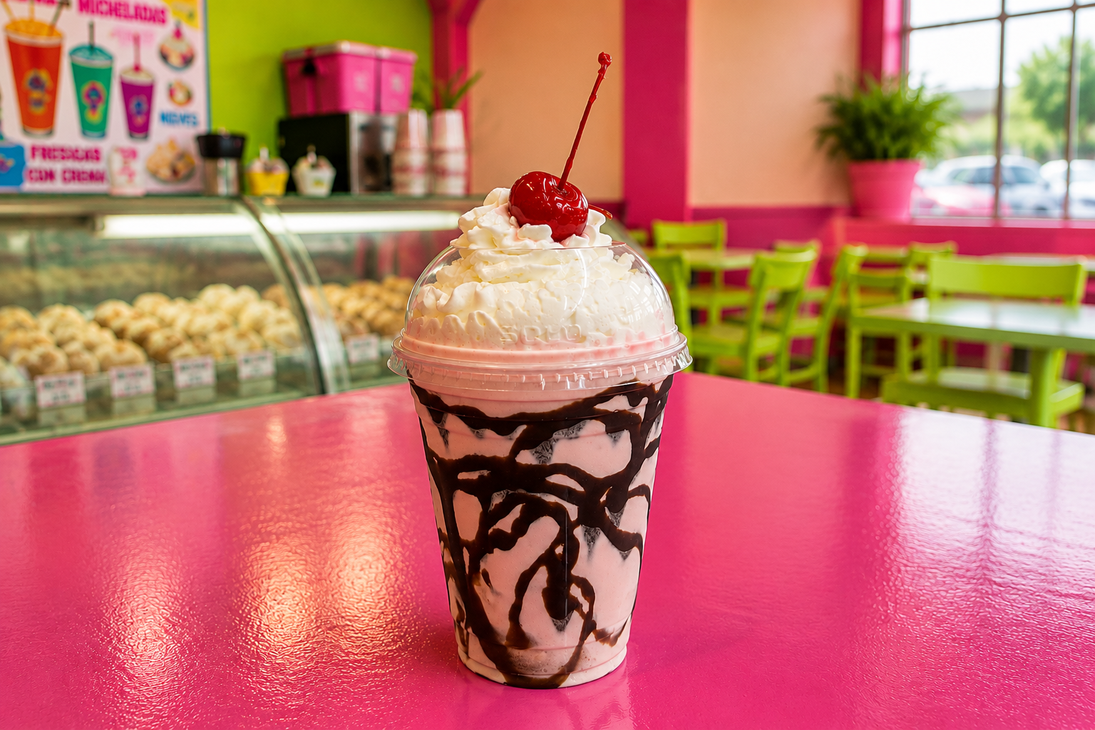 Strawberry milkshake with chocolate drizzle, whipped cream, and a cherry