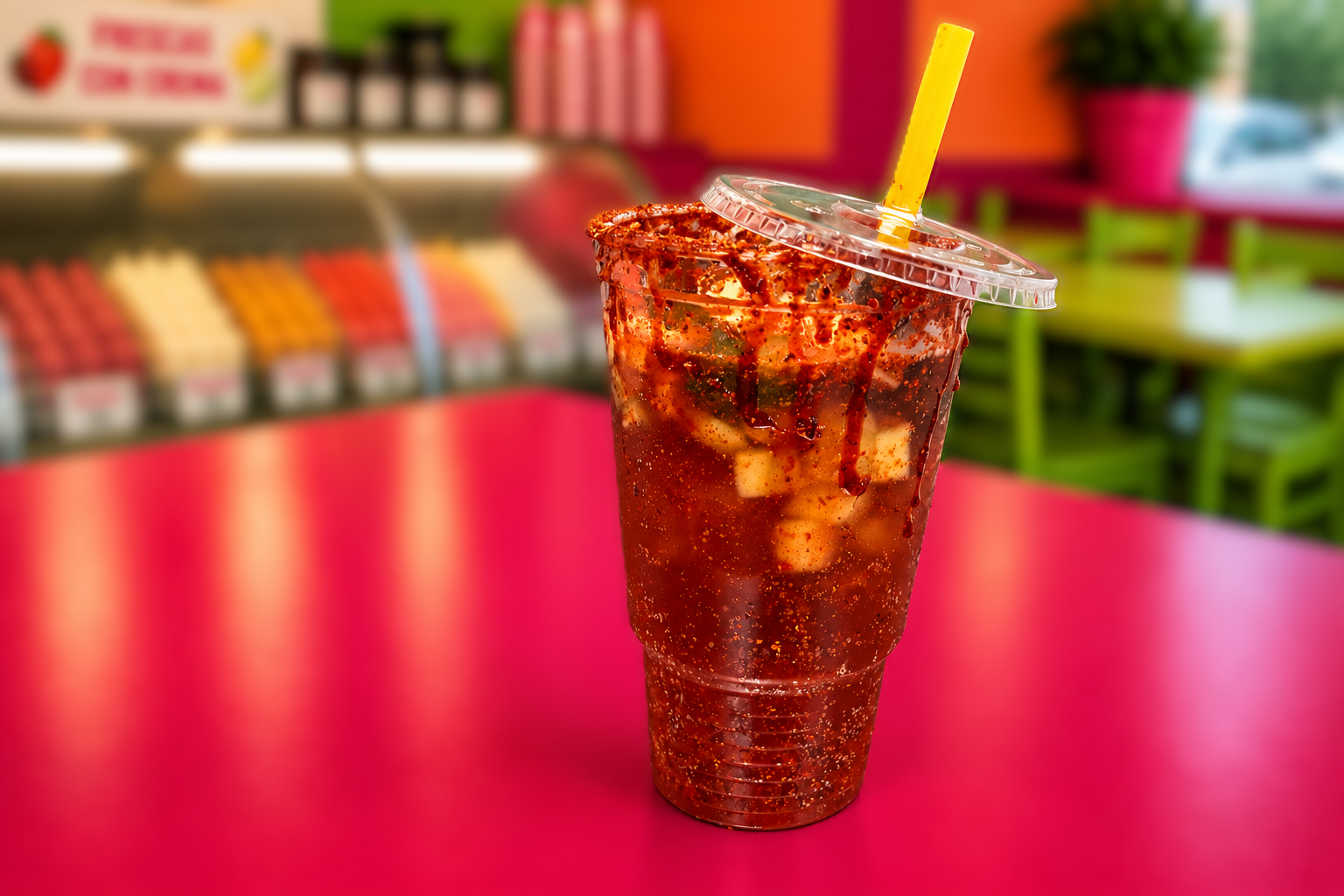 Monster Loco: a large cup of fruit and snacks drizzled with chamoy and chili-lime seasoning with a tamarind straw