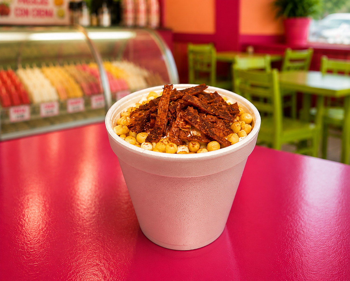Corn cup topped with chili-dusted strips in a foam cup
