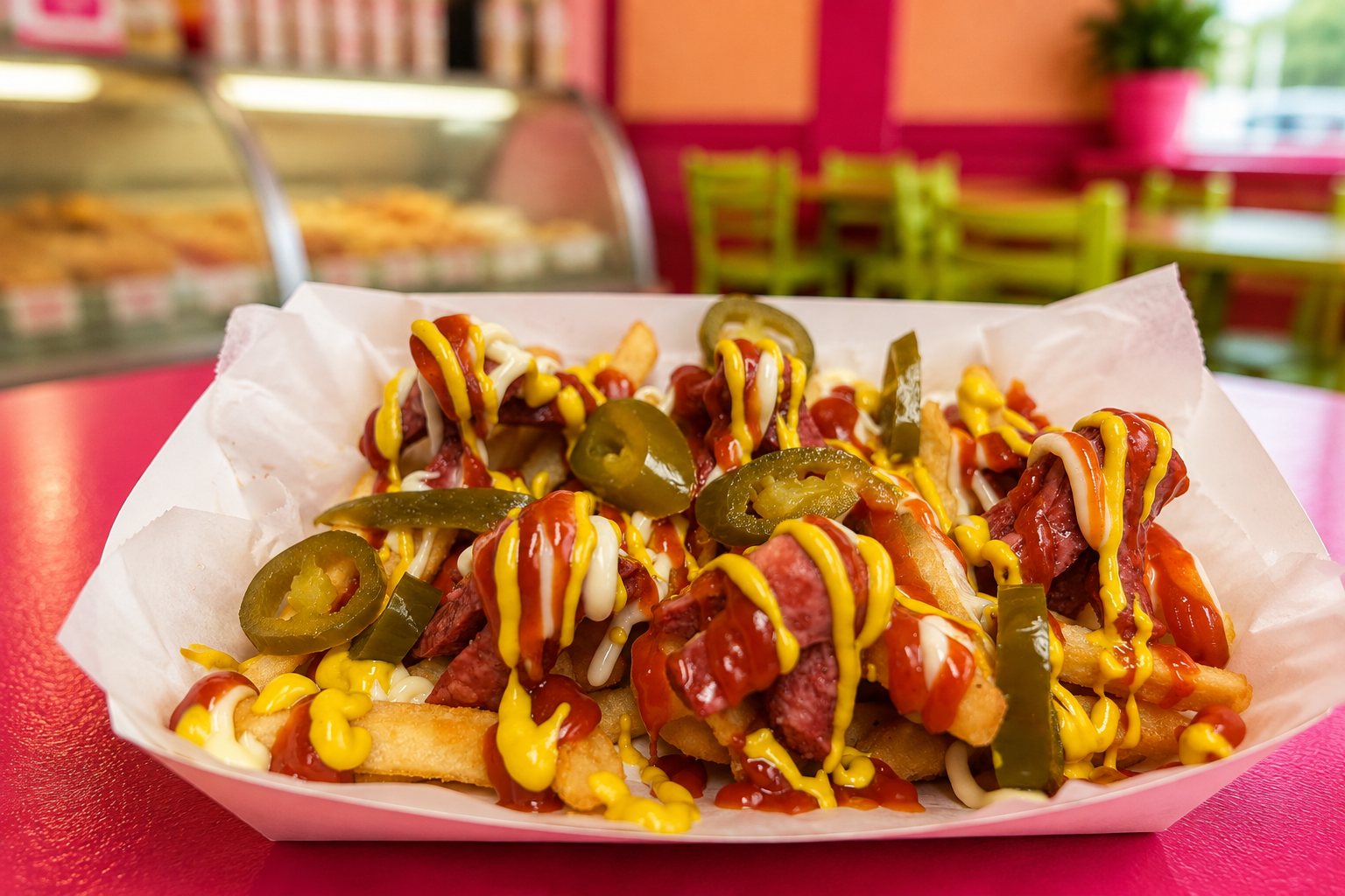 Fries topped with sausage, ketchup, mustard, mayo and jalapeños