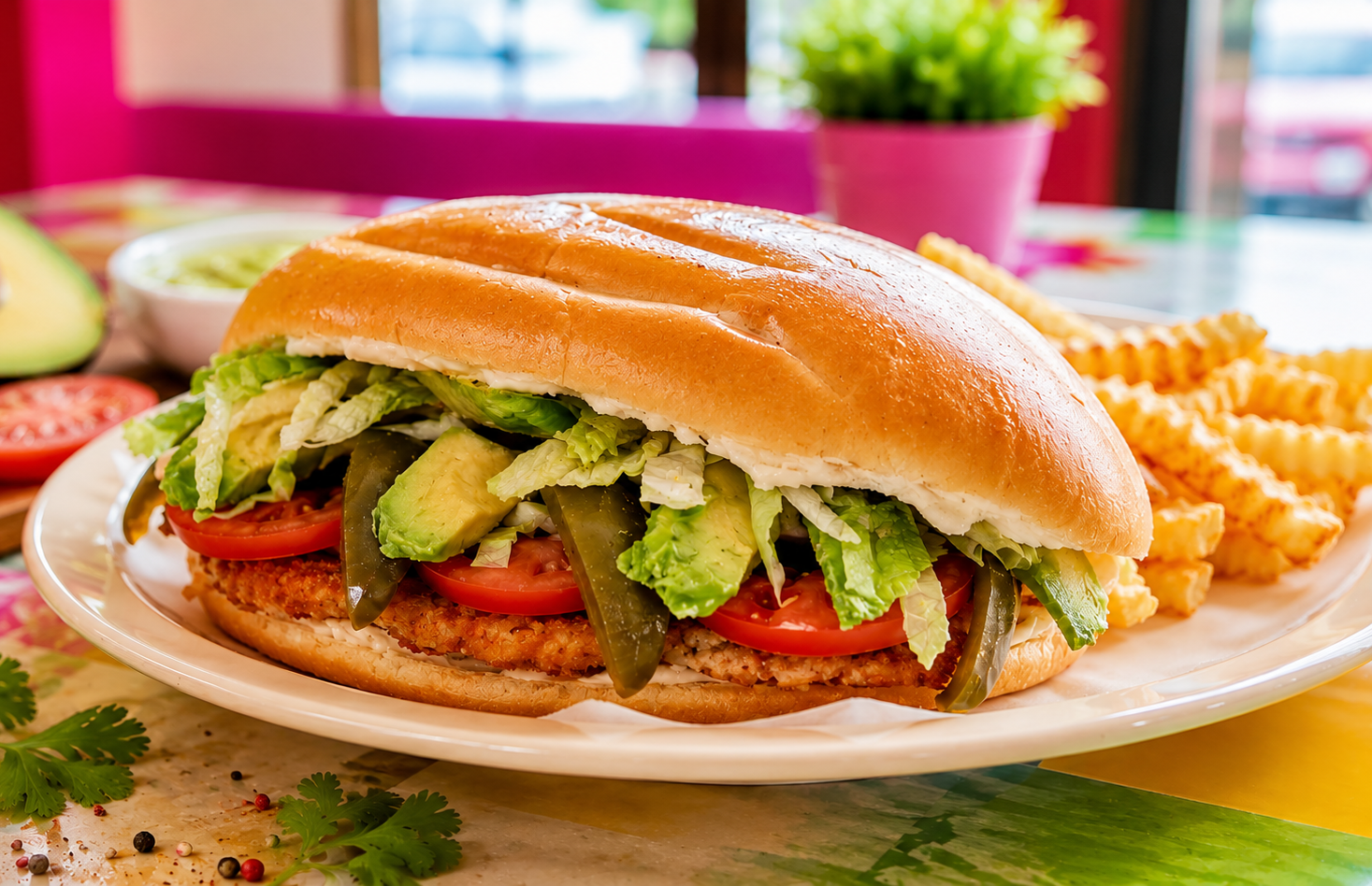 Mexican meat torta with avocado, tomato, lettuce, jalapeños and fries