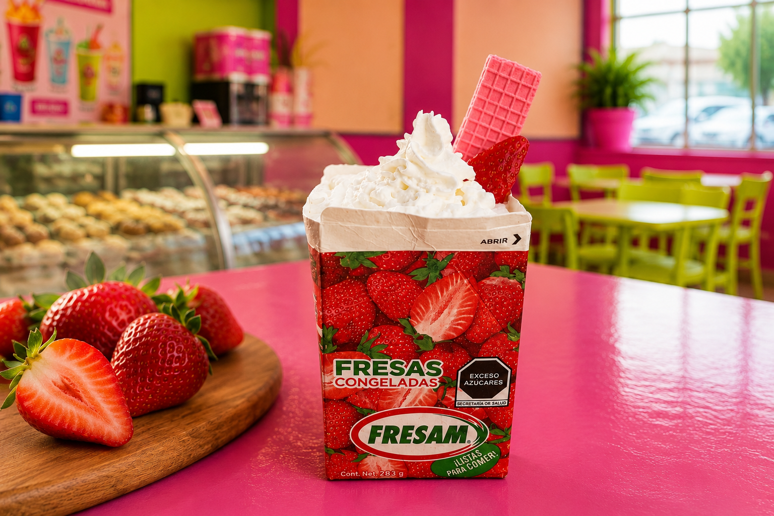 Box of strawberries topped with whipped cream and a strawberry wafer