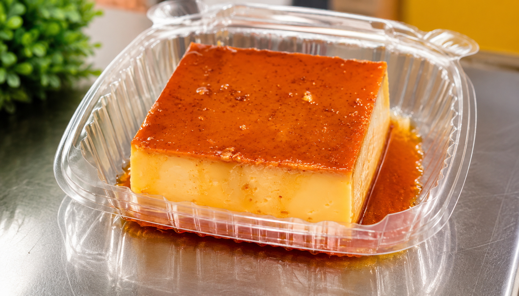 Slice of caramel flan in a clear takeout container