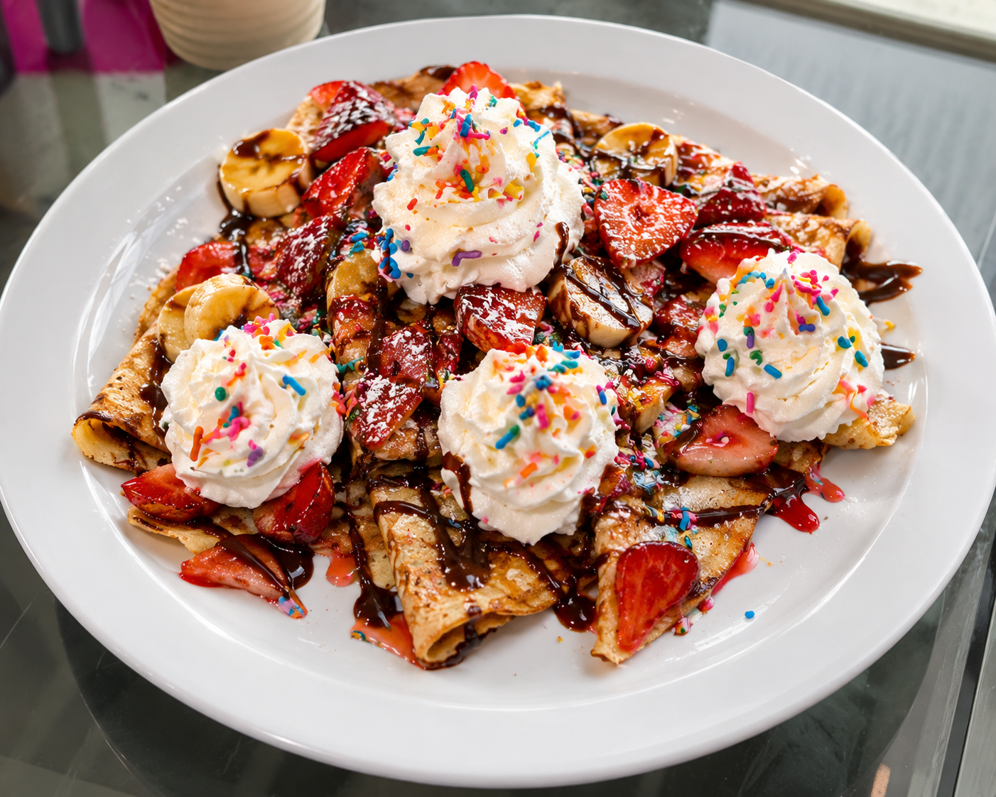 Crepes with strawberries, banana, chocolate drizzle, whipped cream, and sprinkles